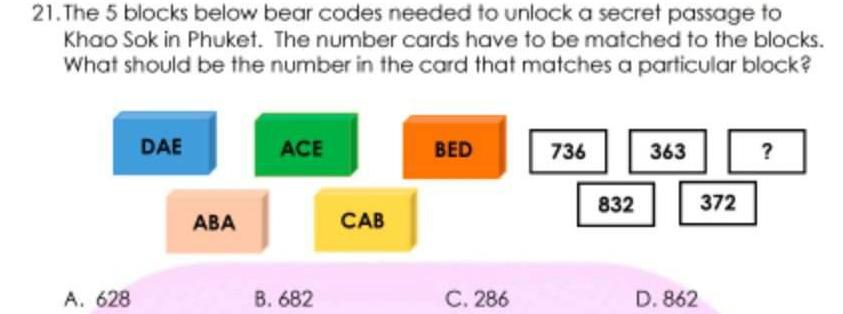 21.The 5 blocks below bear codes needed to unlock a secret passage