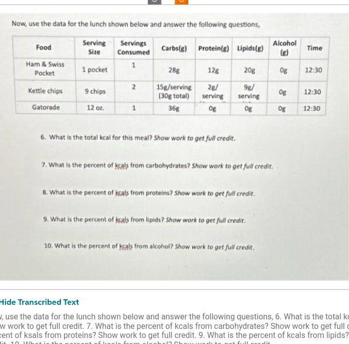 Now, use the data for the lunch shown below and answer the