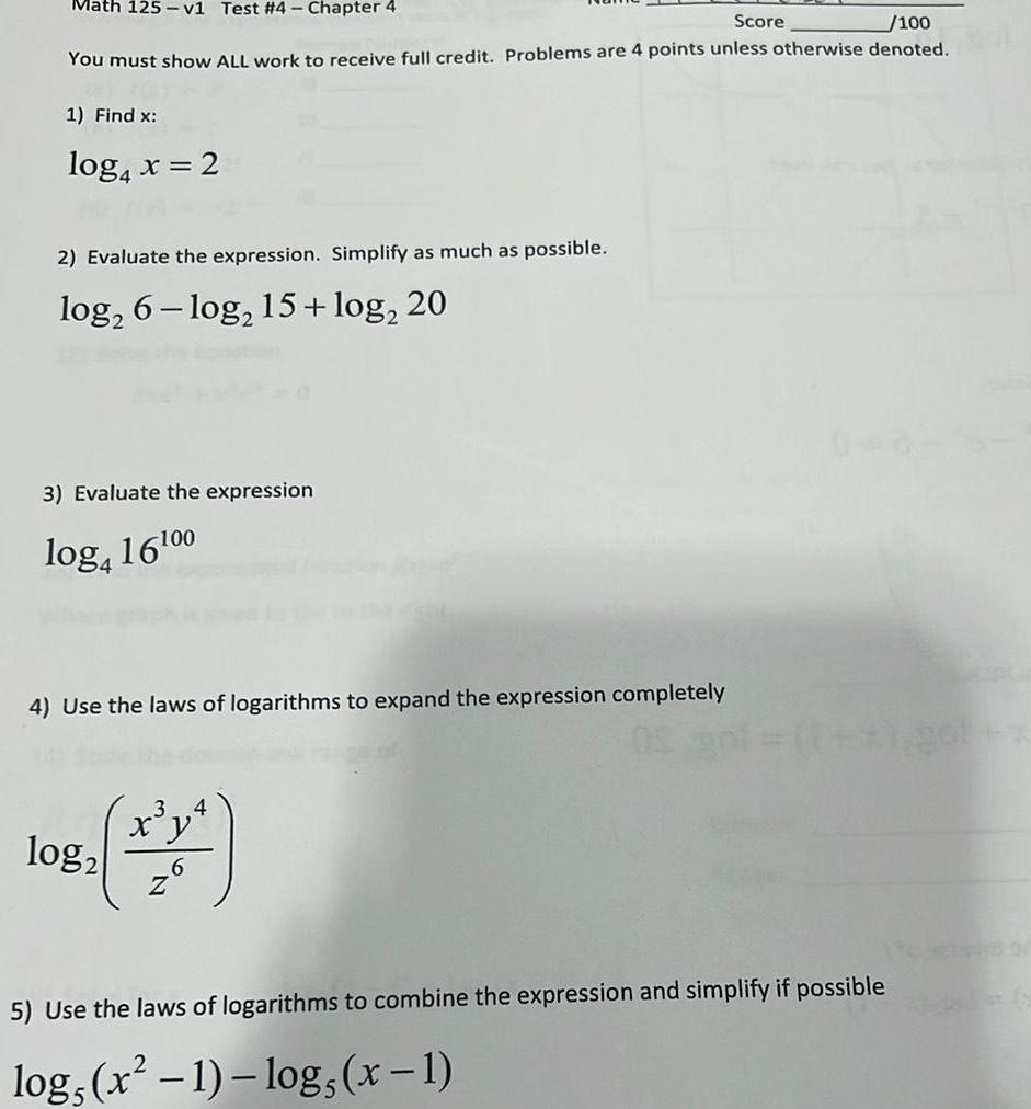Math 125-v1 Test #4 - Chapter 4 Score /100 You must show