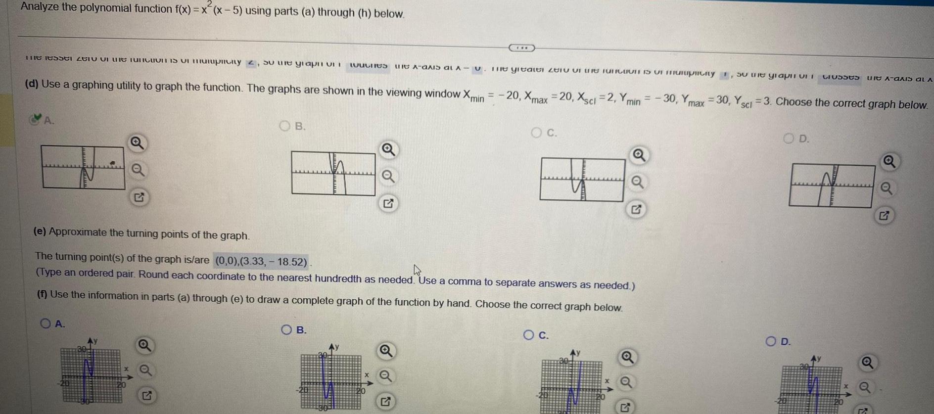 Analyze the polynomial function f(x) = x(x-5) using parts (a) through (h)