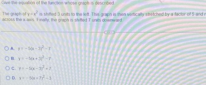 Give the equation of the function whose graph is described. The graph