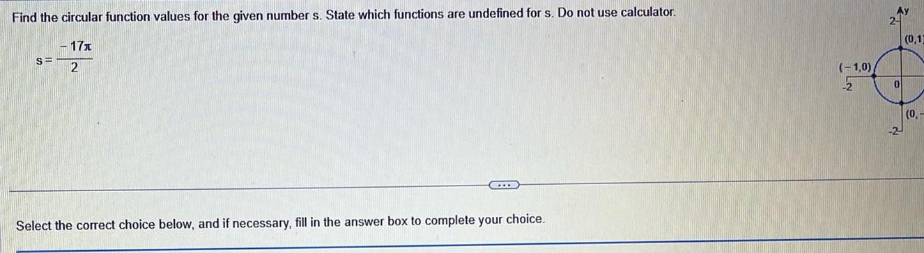 Find the circular function values for the given number s. State which