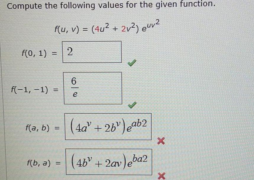 Compute the following values for the given function. f(u, v) = (4u
