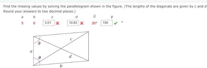 Find the missing values by solving the parallelogram shown in the figure.