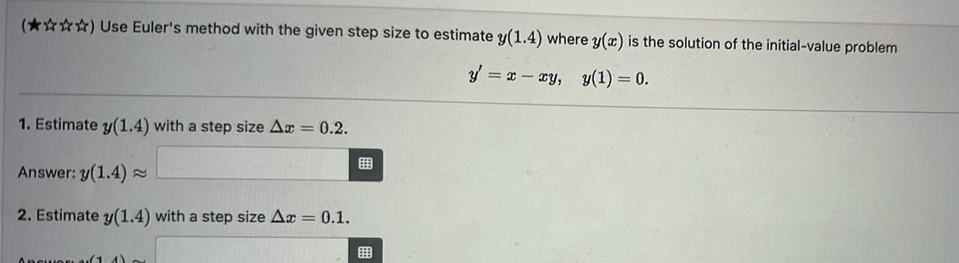 () Use Euler's method with the given step size to estimate y(1.4)