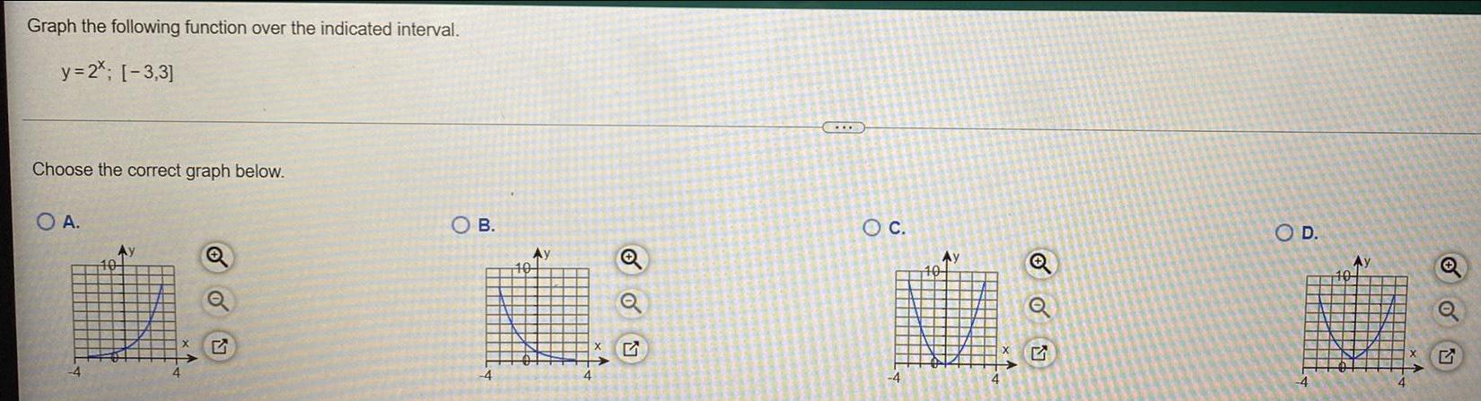 Graph the following function over the indicated interval. y=2x: [-3,3] Choose the