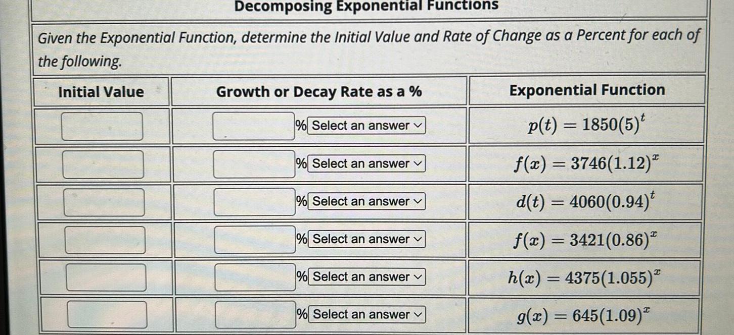 Decomposing Exponential Functions Given the Exponential Function, determine the Initial Value and