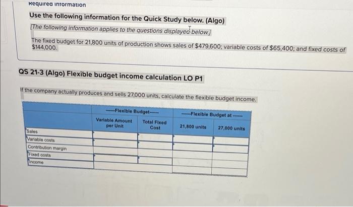 Requirea information Use the following information for the Quick Study below. (Algo)