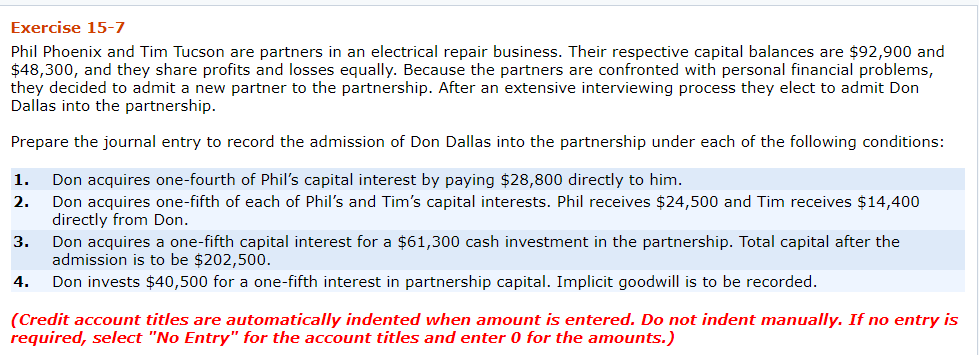 Exercise 15-7 Phil Phoenix and Tim Tucson are partners in an electrical