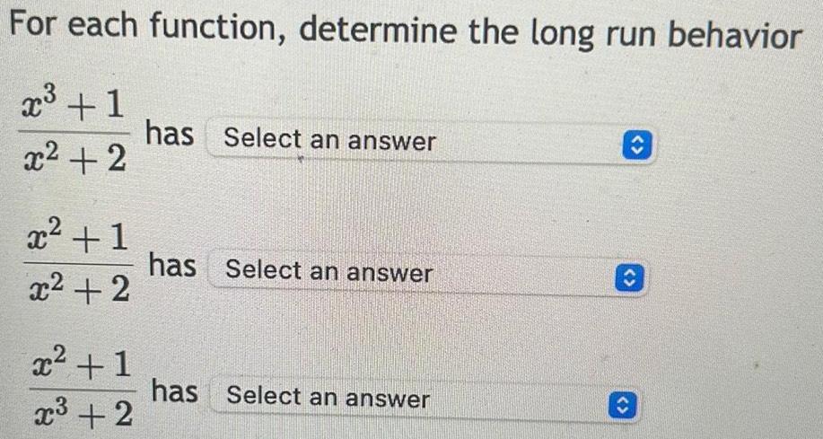 For each function, determine the long run behavior 3+1 x+2 has Select