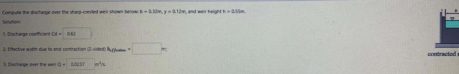 Compute the discharge over the sharp-crested weir shown below: b = 0.32m,