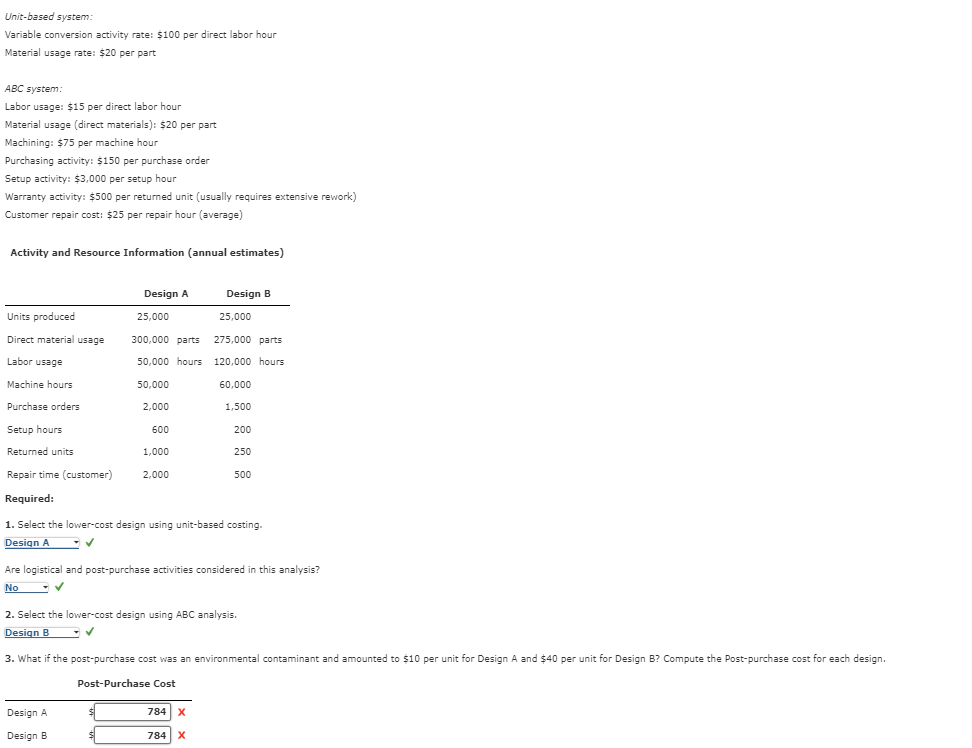 Unit-based system: Variable conversion activity rate: $100 per direct labor hour Material