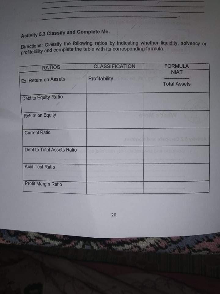 Activity 5.3 Classify and Complete Me. Directions: Classify the following ratios by