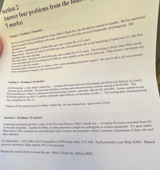 Section 2 Answer four problems from the 5 marks) Section 2-Problem 1