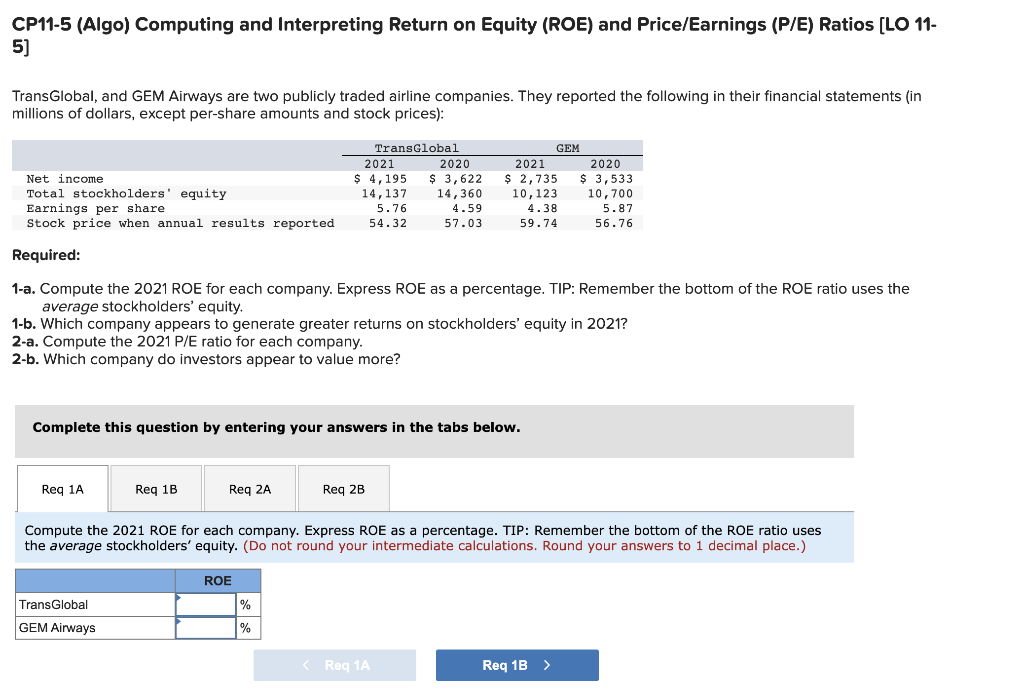 CP11-5 (Algo) Computing and Interpreting Return on Equity (ROE) and Price/Earnings (P/E)