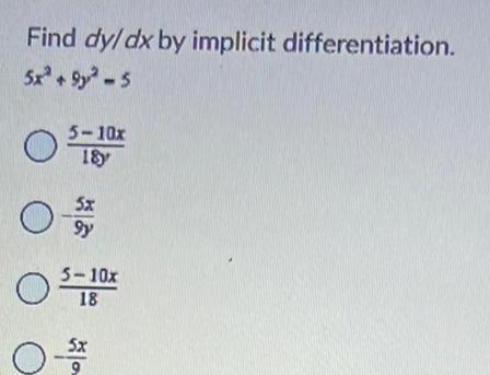 Find dy/dx by implicit differentiation. 5 + 92-5 000 5-10 18y gy