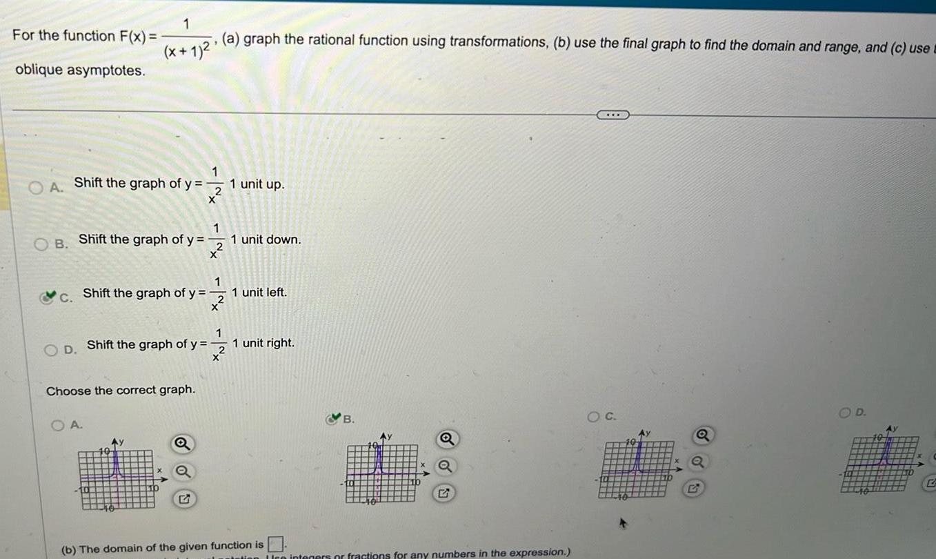 1 For the function F(x)= (x+1)' oblique asymptotes. (a) graph the rational