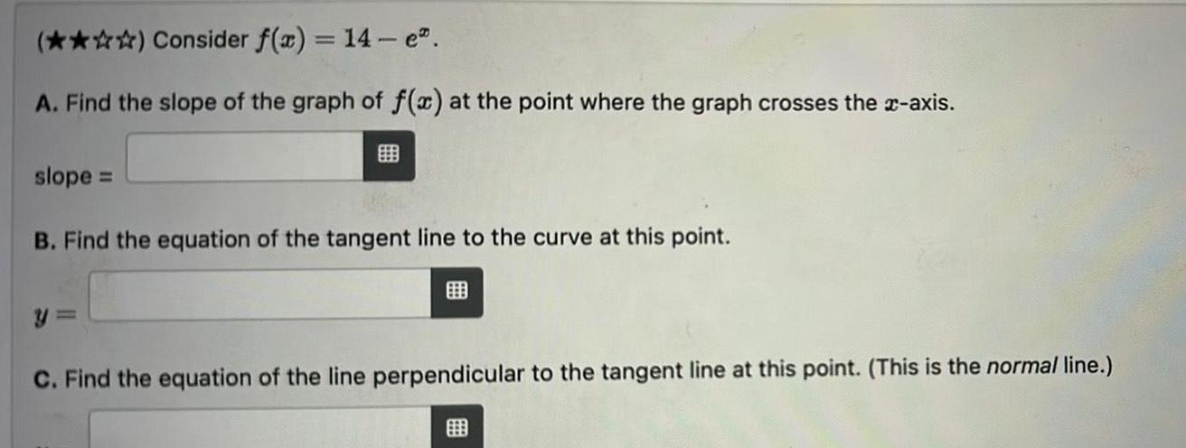() Consider f(x) = 14- e. A. Find the slope of the