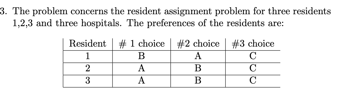 3. The problem concerns the resident assignment problem for three residents 1,2,3