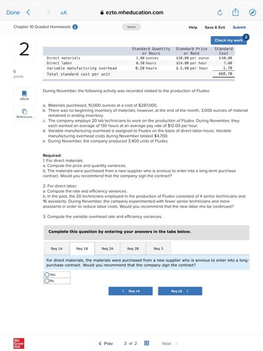 Exit Submit Check my work 2 Variable manufacturing overhead Total standard cost