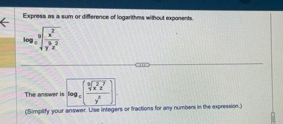 + Express as a sum or difference of logarithms without exponents. log