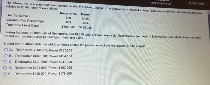 point(s) possible Submit test Half Moon, Inc. is a yoga mat manufacturer