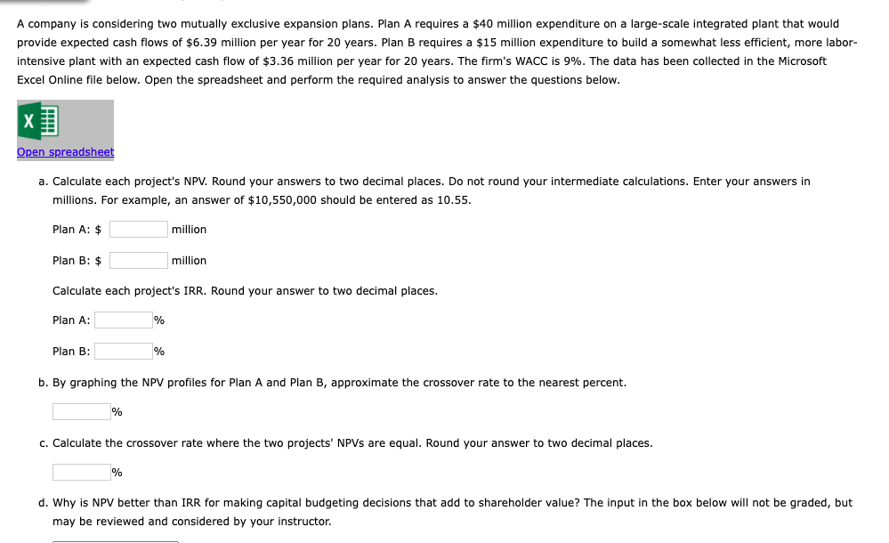 A company is considering two mutually exclusive expansion plans. Plan A requires