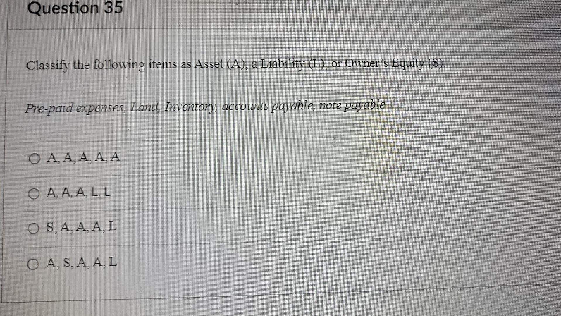 Question 35 Classify the following items as Asset (A), a Liability (L),