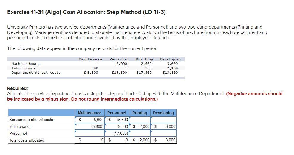 Exercise 11-31 (Algo) Cost Allocation: Step Method (LO 11-3) University Printers has