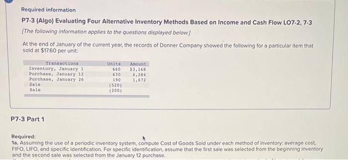 Required information P7-3 (Algo) Evaluating Four Alternative Inventory Methods Based on Income