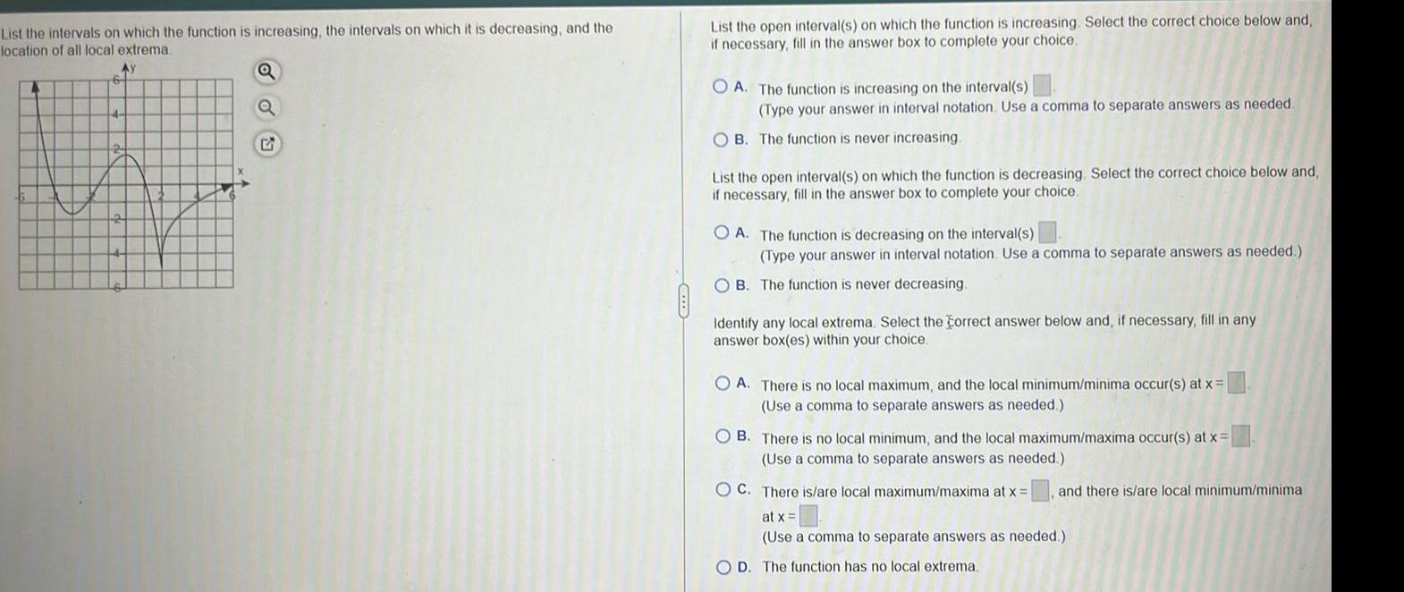 List the intervals on which the function is increasing, the intervals on