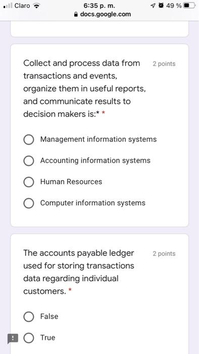 Claro 6:35 p. m. docs.google.com 49% Collect and process data from 2