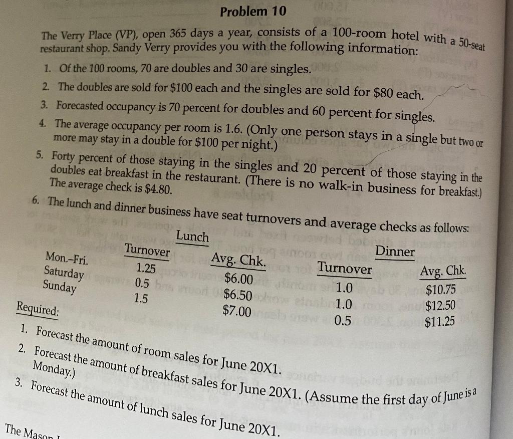 Problem 10 The Verry Place (VP), open 365 days a year, consists