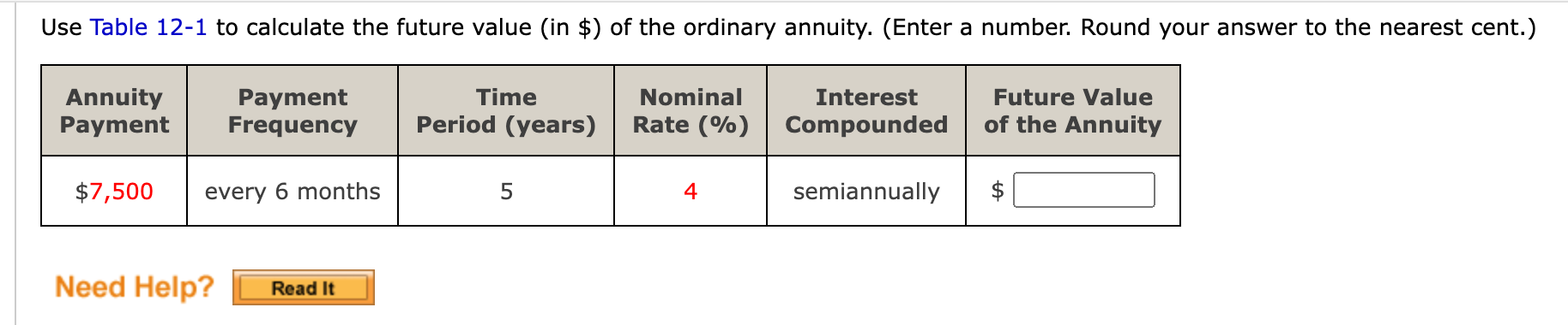 Use Table 12-1 to calculate the future value (in $) of the