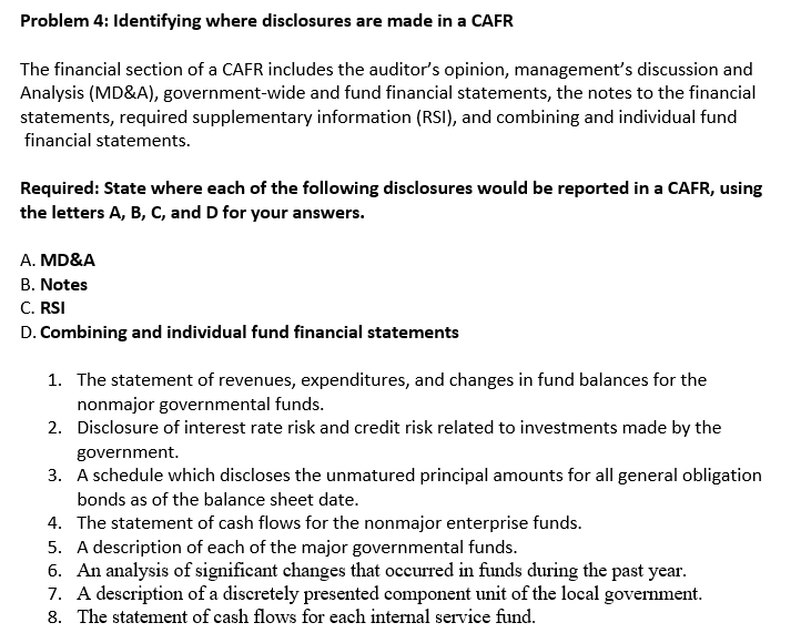 Problem 4: Identifying where disclosures are made in a CAFR The financial