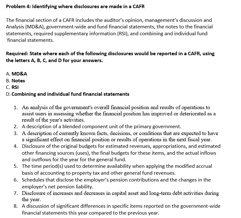 Problem 4: Identifying where disclosures are made in a CAFR The financial
