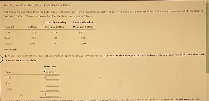 Allocating Joint Costs Using the Net Realizable Value Method A company manufactures