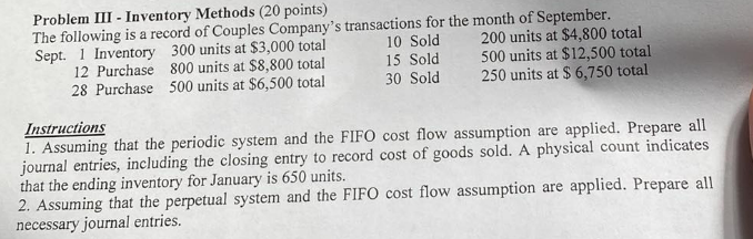Problem III - Inventory Methods (20 points) The following is a record