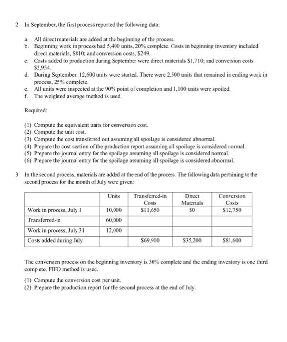 2. In September, the first process reported the following data: a. All