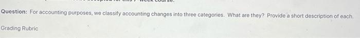 Question: For accounting purposes, we classify accounting changes into three categories. What