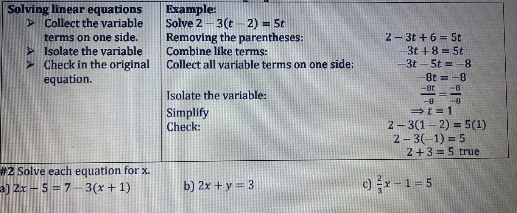 Solving linear equations Collect the variable terms on one side. Isolate the