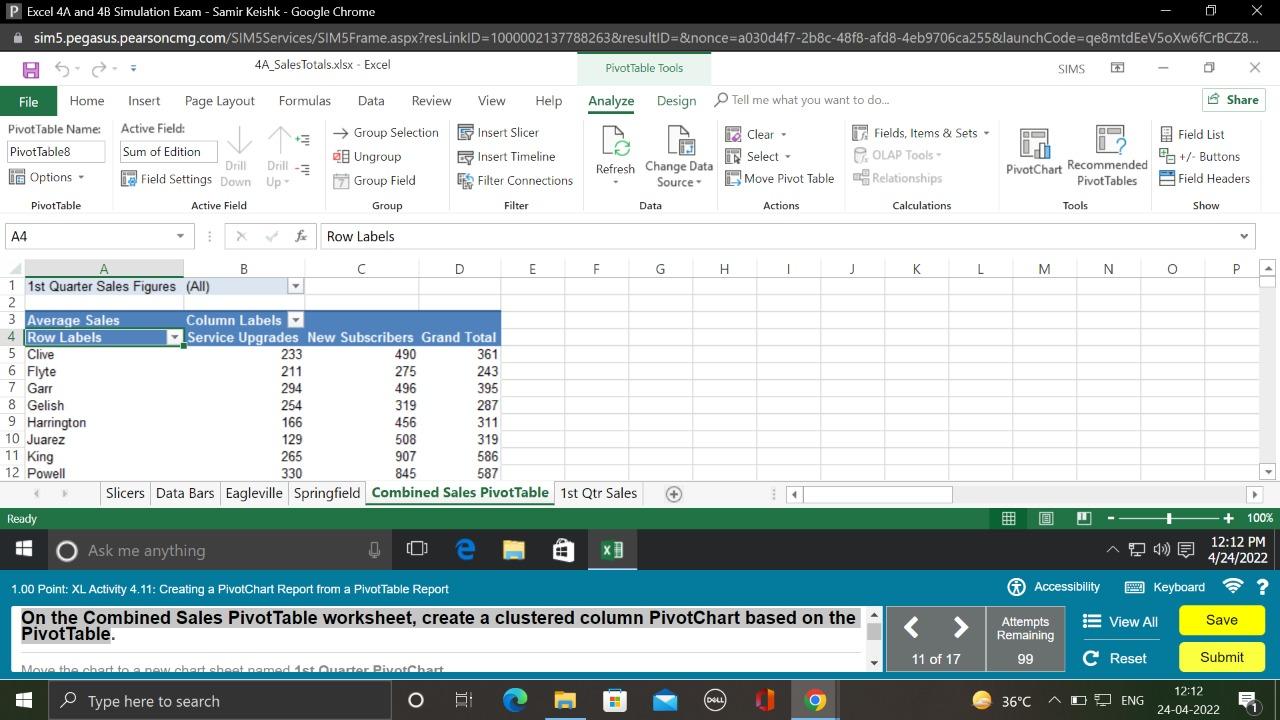 Chrome sim5.pegasus.pearsoncmg.com/SIM5Services/SIM5Frame.aspx?resLinkID=1000002137788263&resultID=&nonce-a030d4f7-2b8c-48f8-afd8-4eb9706ca255&launchCode=qe8mtdEeV50Xw6fCrBCZ8... 4A SalesTotals.xlsx - Excel PivotTable Tools SIMS File Home Insert
