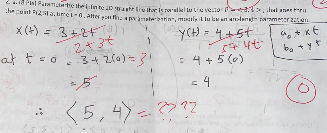 2. a. (8 Pts) Parameterize the infinite 2D straight line that is