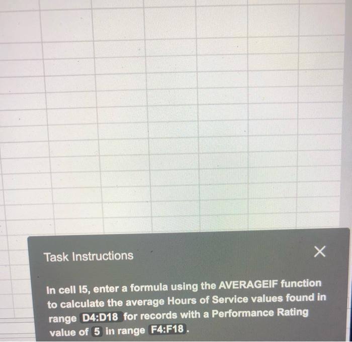 Task Instructions In cell 15, enter a formula using the AVERAGEIF function
