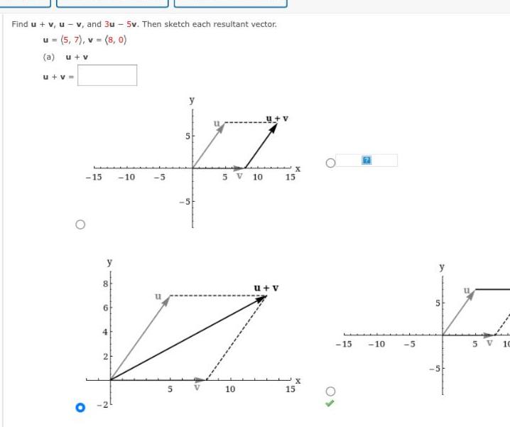 Find u + v, u - v, and 3u5v. Then sketch each