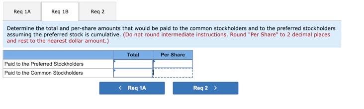 Req 1A Req 1B Req 2 Determine the total and per-share amounts