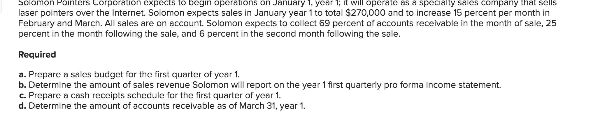 Solomon Pointers Corporation expects to begin operations on January 1, year 1;