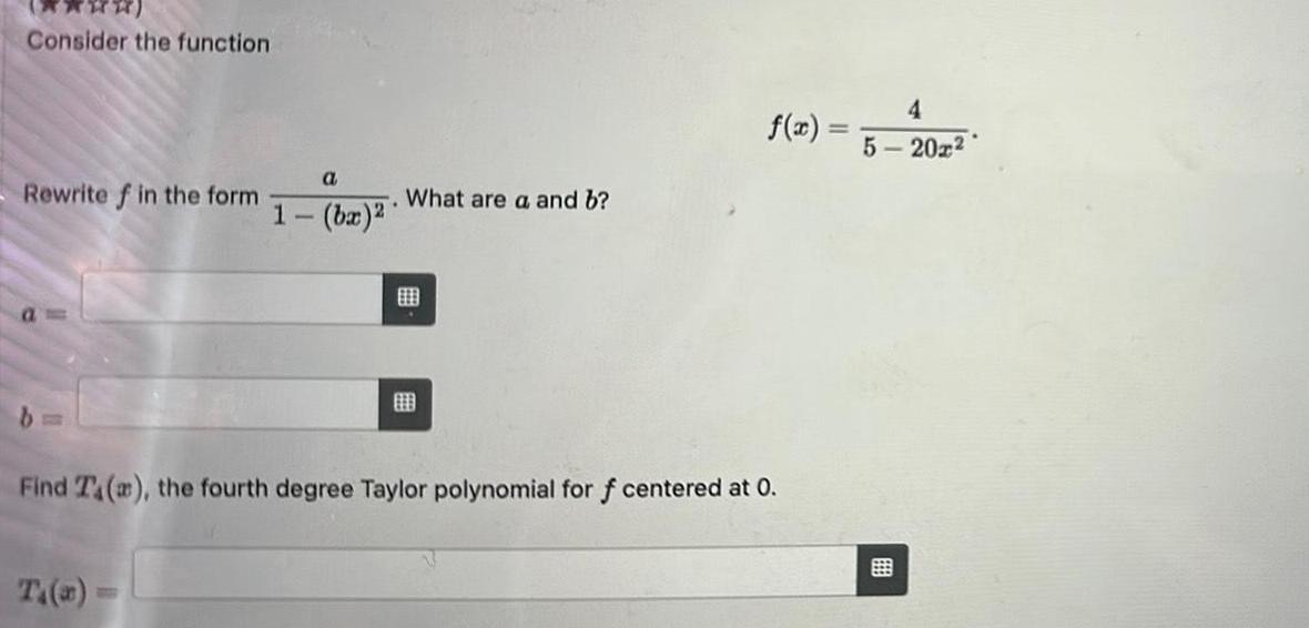 Consider the function 4 f(x) = 5- 20x2 a Rewrite f in