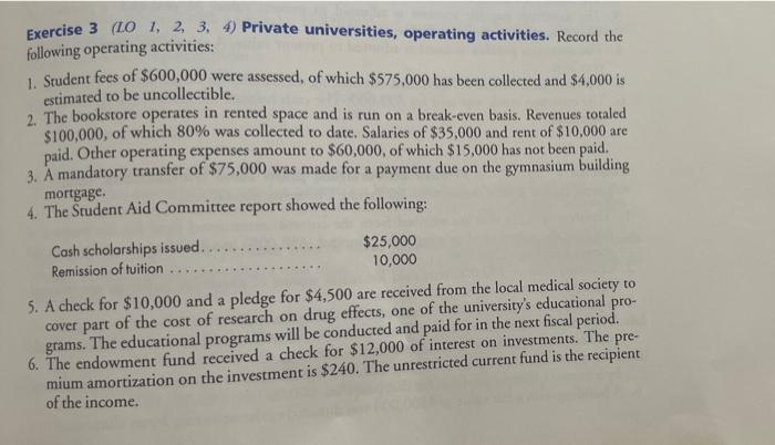 Exercise 3 (LO 1, 2, 3, 4) Private universities, operating activities. Record