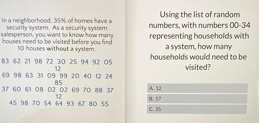 In a neighborhood, 35% of homes have a security system. As a